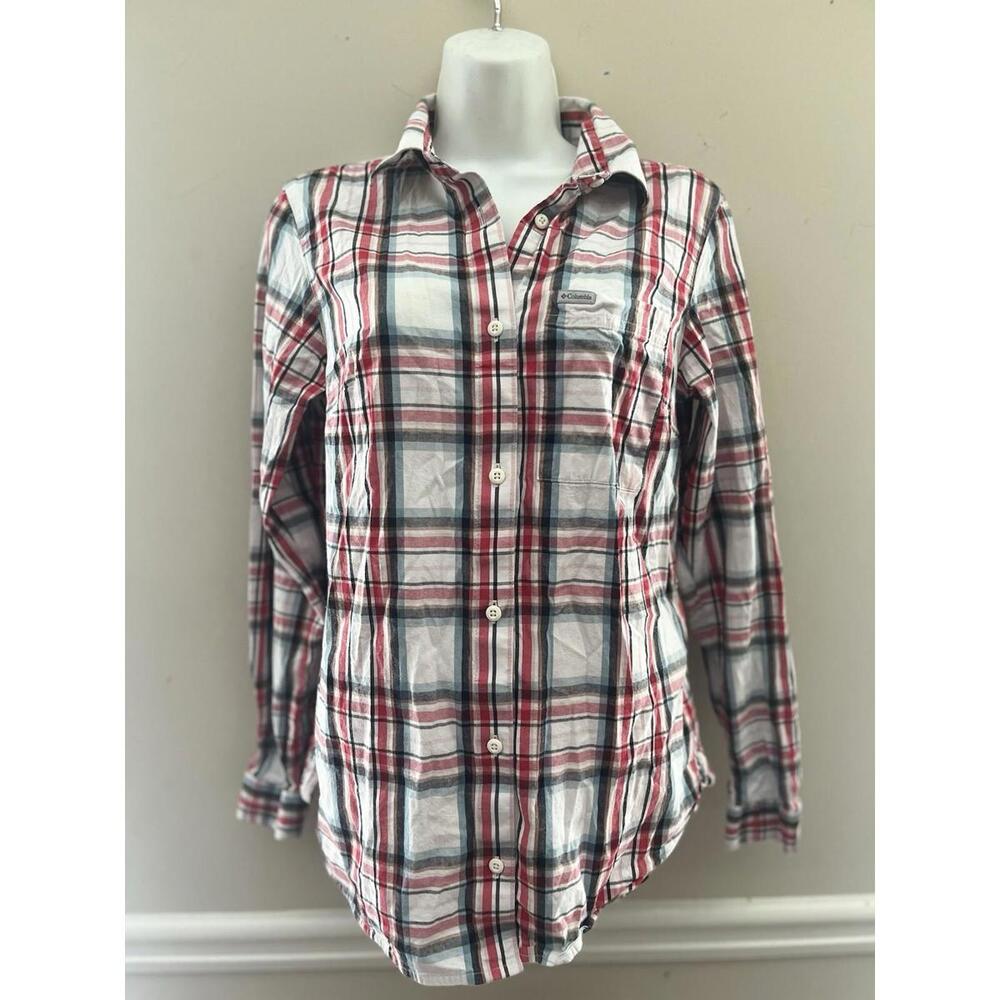 Columbia  Plaid Shirt Women;s Med Button Red Black White Stitched Long Sleeves